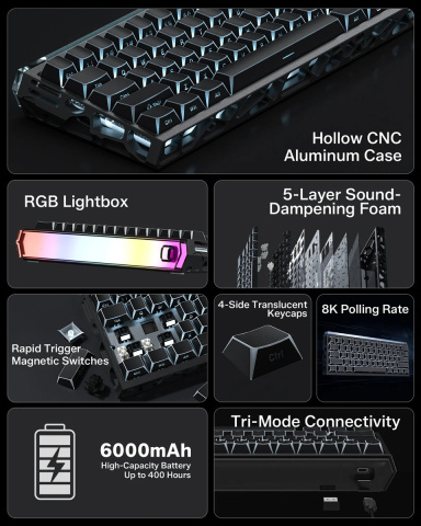 WOMIER SK61 HE Tri-Mode Vezeték Nélküli Magnetic Switch Gamer Billentyűzet