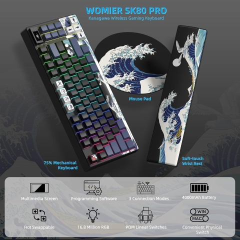 WOMIER SK80 PRO Tri-Mode Vezeték Nélküli Mechanikus Gamer Billentyűzet - Kanagawa