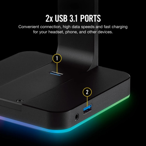 CORSAIR ST100 RGB Premium Fejhallgató Állvány, 7.1 beépített hangkártyával