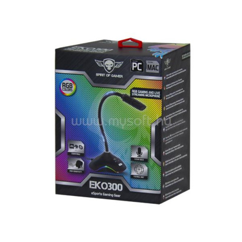 Spirit of Gamer Mikrofon - EKO 300 (RGB. USB csatlakozó, 150cm kábel, fekete)