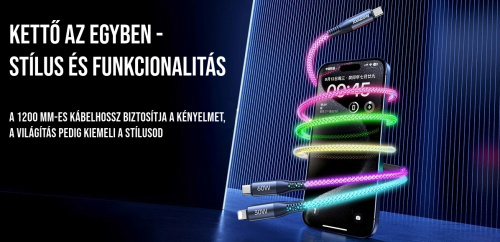 Remax Fantasy Series 2 az 1-ben Type-C-Type-C-Lightning világító gyorstöltő kábel 65W - 1,2m
