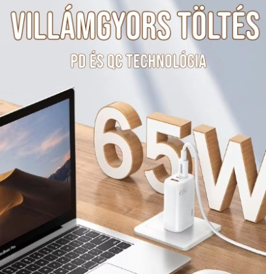 Remax Ligil Series USB-A+USB-C Utazótöltő Adapter PD+QC GaN 65W