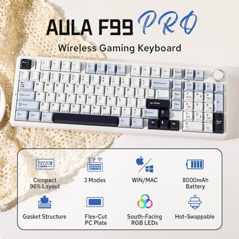 AULA F99 PRO Vezeték Nélküli Mechanikus Gamer Billentyűzet - Fehér-Kék