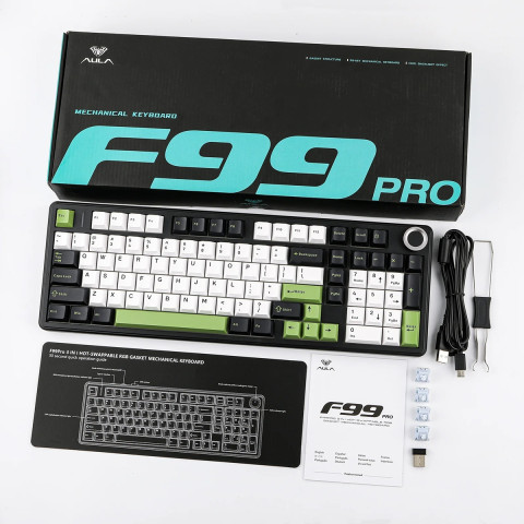 AULA F99 PRO Vezeték Nélküli Mechanikus Gamer Billentyűzet - Fekete-Fehér-Zöld