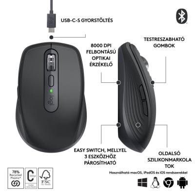 LOGITECH MX Anywhere 3S Vezeték Nélküli Egér - Grafit