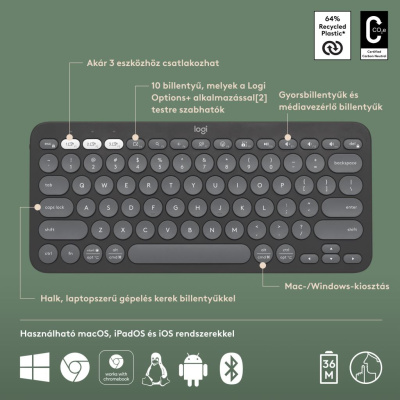 LOGITECH Pebble Keys 2 K380s - Vezeték Nélküli Billentyűzet - Szürke - Angol kiosztás! (US)