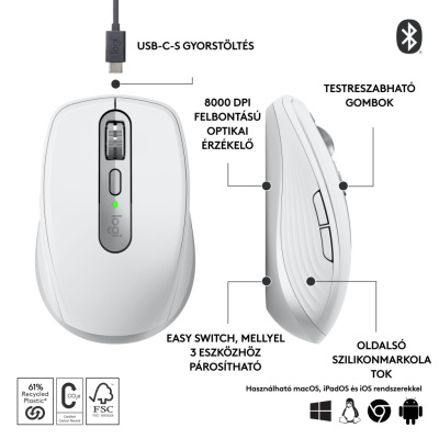 LOGITECH MX Anywhere 3S Vezeték Nélküli Egér - Halványszürke