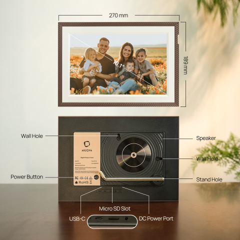 Arzopa D10 Digitális Képkeret - 10,1" - Sötétbarna