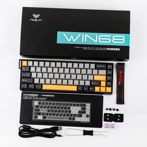 AULA WIN68 HE MAX Magnetic Switch Mechanikus Gamer Billentyűzet - Fekete-Szürke-Sárga
