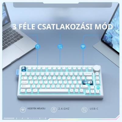 Onikuma MT706 Vezeték Nélküli Mechanikus Gamer Billentyűzet - Fehér