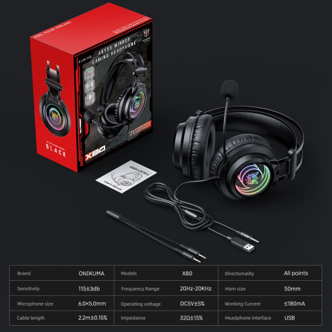 Onikuma X80 Vezetékes Gamer Fejhallgató RGB világítással