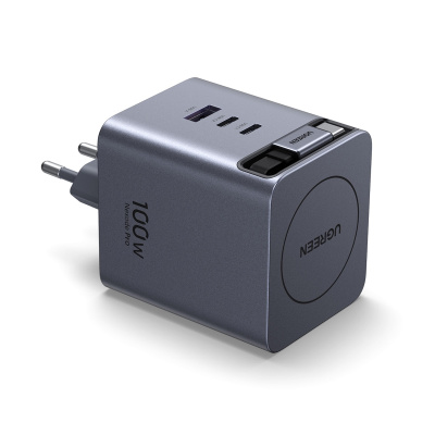 Ugreen X616 USB + USB-C Gyorstöltő GaN Hálózati Adapter Visszahúzható Kábellel 100W - Szürke