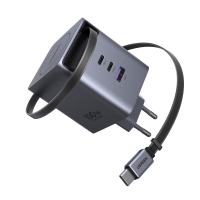 Ugreen X616 USB + USB-C Gyorstöltő GaN Hálózati Adapter Visszahúzható Kábellel 100W - Szürke