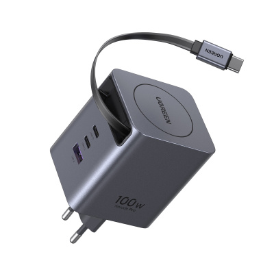 Ugreen X616 USB + USB-C Gyorstöltő GaN Hálózati Adapter Visszahúzható Kábellel 100W - Szürke