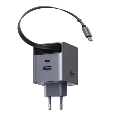 Ugreen X615 USB + USB-C Gyorstöltő GaN Hálózati Adapter Visszahúzható Kábellel 65W - Szürke