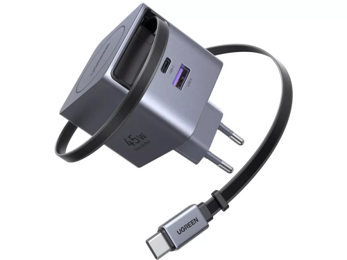Ugreen X614 USB + USB-C Gyorstöltő GaN Hálózati Adapter Visszahúzható Kábellel 45W - Szürke