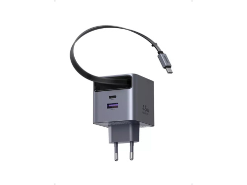 Ugreen X614 USB + USB-C Gyorstöltő GaN Hálózati Adapter Visszahúzható Kábellel 45W - Szürke