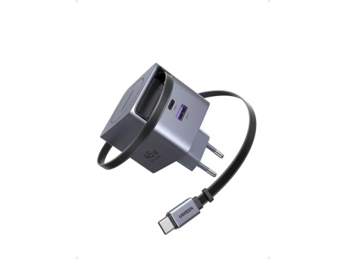 Ugreen X614 USB + USB-C Gyorstöltő GaN Hálózati Adapter Visszahúzható Kábellel 45W - Szürke