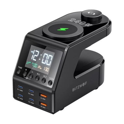 Blitzwolf BW-FW10 USB + USB-C Gyorstöltő Hálózati Adapter + Ébresztőóra töltővel 240W - Fekete