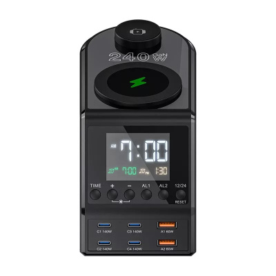 Blitzwolf BW-FW10 USB + USB-C Gyorstöltő Hálózati Adapter + Ébresztőóra töltővel 240W - Fekete