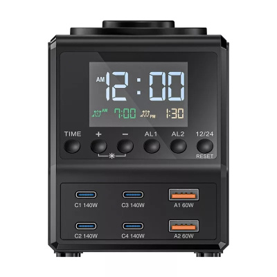 Blitzwolf BW-FW10 USB + USB-C Gyorstöltő Hálózati Adapter + Ébresztőóra töltővel 240W - Fekete