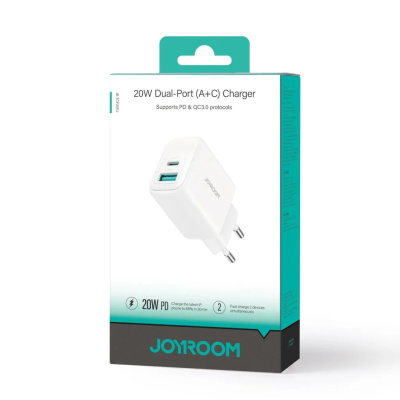 Joyroom JR-TCF21 USB + USB-C Gyorstöltő Hálózati Adapter 20W - Fehér
