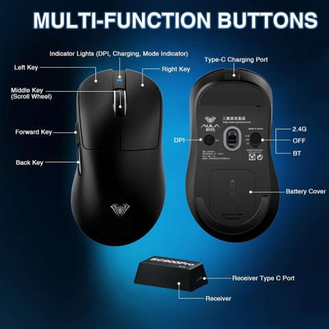 AULA SC900 Pro Tri-Mode Vezeték Nélküli Gamer Egér - Fehér