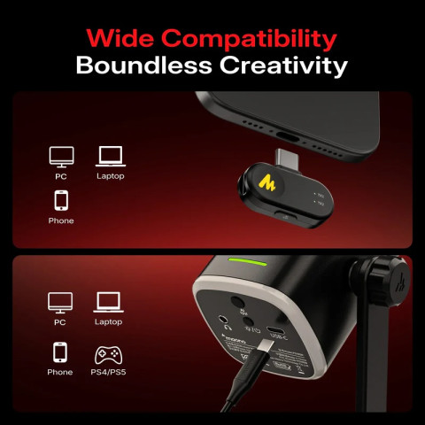 MAONO PD100WS Vezeték Nélküli Streamer Mikrofon RGB + Tartókar Kit- Fekete