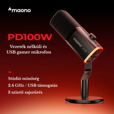 MAONO PD100WS Vezeték Nélküli Streamer Mikrofon RGB + Tartókar Kit- Fekete
