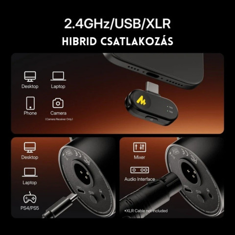 MAONO PD200WS Hybrid Vezeték Nélküli Podcast Mikrofon RGB + Tartókar Kit - Fekete