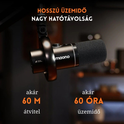 MAONO PD200WS Hybrid Vezeték Nélküli Podcast Mikrofon RGB + Tartókar Kit - Fekete