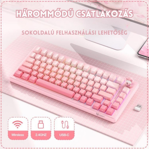 Onikuma MT707 Tri-Mode Vezeték Nélküli Mechanikus Gamer Billentyűzet - Pink