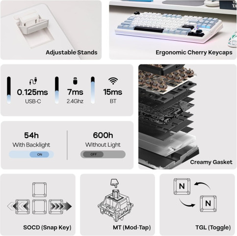 AULA F87 PRO V2 Vezeték Nélküli Mechanikus Gamer Billentyűzet - Fehér-Kék