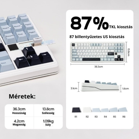 AULA F87 PRO V2 Vezeték Nélküli Mechanikus Gamer Billentyűzet - Fehér-Kék