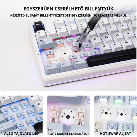 AULA F87 PRO V2 Vezeték Nélküli Mechanikus Gamer Billentyűzet - Fehér-Kék