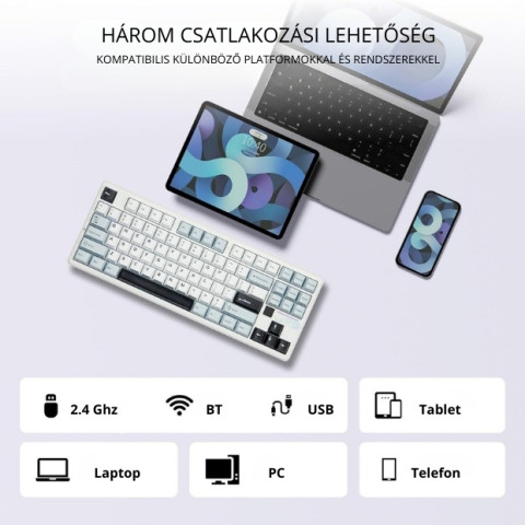 AULA F87 PRO V2 Vezeték Nélküli Mechanikus Gamer Billentyűzet - Fehér-Kék