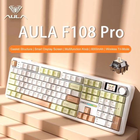 AULA F108 PRO Tri-Mode Vezeték Nélküli Mechanikus Gamer Billentyűzet - Sárga-Fehér