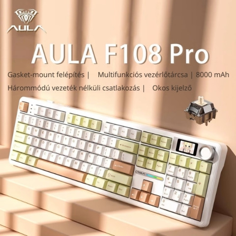AULA F108 PRO Tri-Mode Vezeték Nélküli Mechanikus Gamer Billentyűzet - Sárga-Fehér