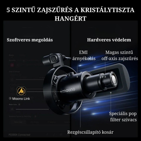 MAONO PD300XS USB/XLR Dynamic Streamer/Podcast Mikrofon + Tartókar Kit - Fekete