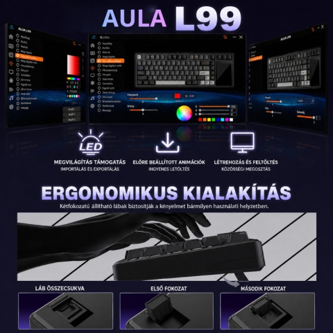 AULA L99 Tri-Mode Vezeték Nélküli Mechanikus Gamer Billentyűzet Érintőképernyővel - Fehér