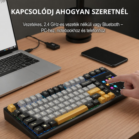 AULA L99 Tri-Mode Vezeték Nélküli Mechanikus Gamer Billentyűzet Érintőképernyővel - Fekete