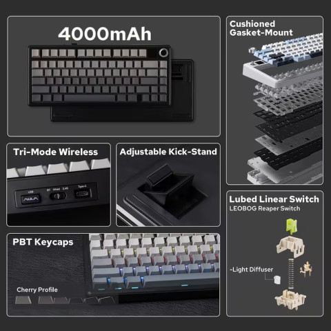 AULA F75 Max Vezeték Nélküli Mechanikus Gamer Billentyűzet - Fekete Contour