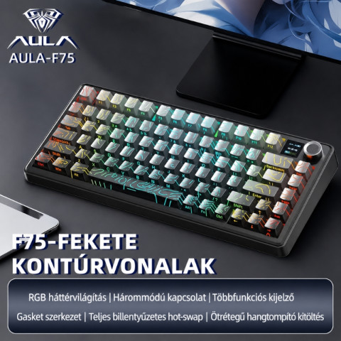 AULA F75 Max Vezeték Nélküli Mechanikus Gamer Billentyűzet - Fekete Contour