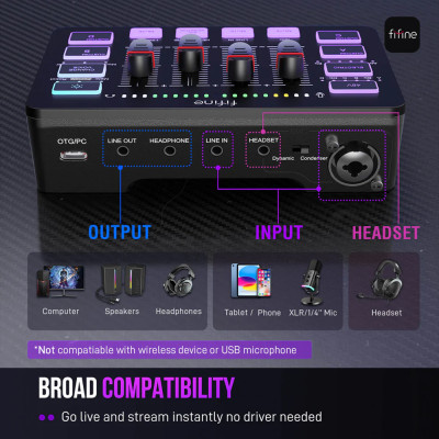 Fifine SC3 AmpliGame, 4-csatornás USB-s gamer audió keverő, fekete