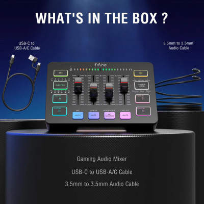 Fifine SC3 AmpliGame, 4-csatornás USB-s gamer audió keverő, fekete
