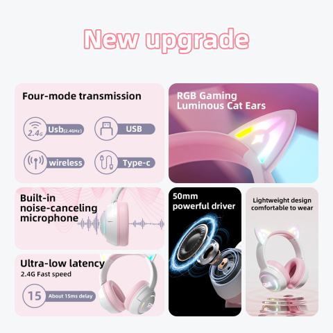 Onikuma GT838 Tri-Mode Vezeték Nélküli Gamer Headset - Cicafüles