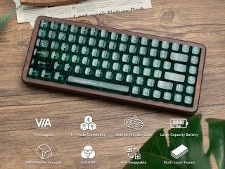WOMIER WD75 Tri-Mode Vezeték Nélküli Mechanikus Gamer Billentyűzet - Fekete-Valódi Diófa