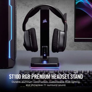 CORSAIR ST100 RGB Premium Fejhallgató Állvány, 7.1 beépített hangkártyával