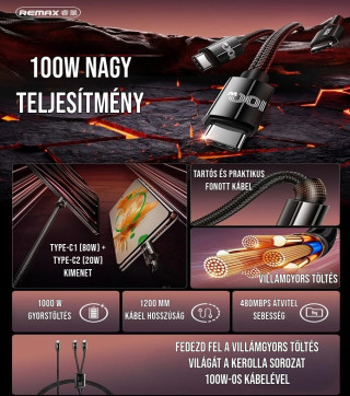 Remax Kerolla Series 2 az 1-ben Type-C dupla gyorstöltő kábel 100W 1,2m