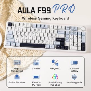 AULA F99 PRO Vezeték Nélküli Mechanikus Gamer Billentyűzet - Fehér-Kék